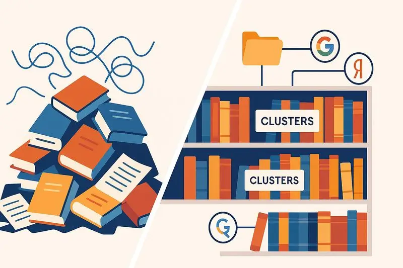 Иллюстрация кластеризации семантического ядра: хаотичная куча книг и упорядоченные полки‑кластеры с иконками Google и Яндекс