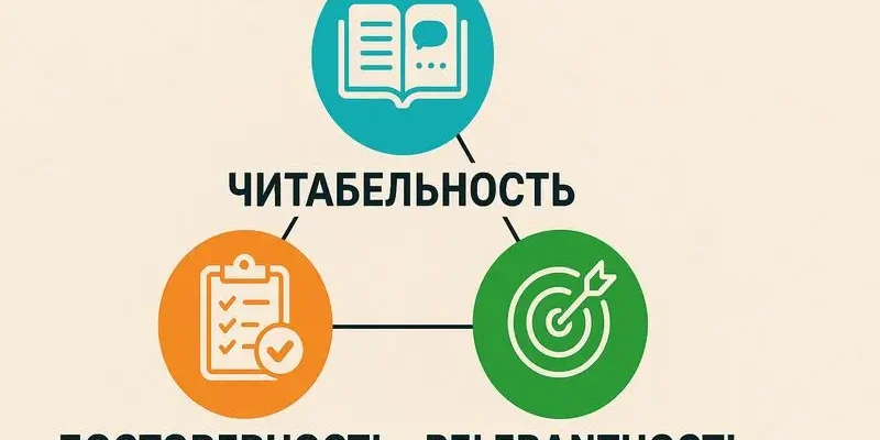 Схема факторов качества текста: читабельность, достоверность, релевантность