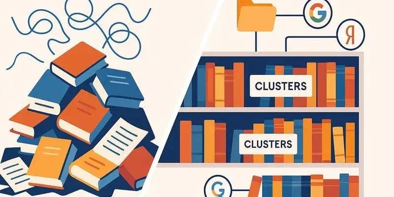 Иллюстрация кластеризации семантического ядра: хаотичная куча книг и упорядоченные полки‑кластеры с иконками Google и Яндекс